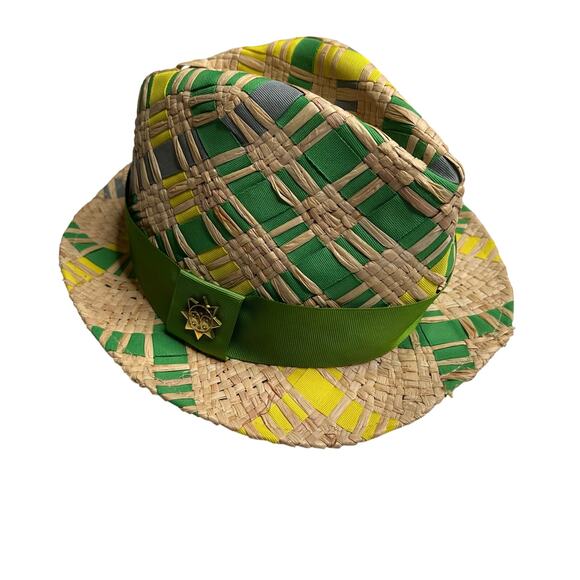 JONATHAN ADLER Women\'s Green‎ Straw Hat Fedora Green Blue Woven Vibrant Hat main image 4